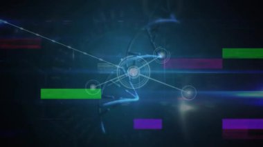 Mavi arka planda bilimsel veri işleme üzerinde dönen DNA iplikçiklerinin animasyonu. küresel bilim, veri işleme ve dijital arayüz kavramı dijital olarak oluşturulmuş video.