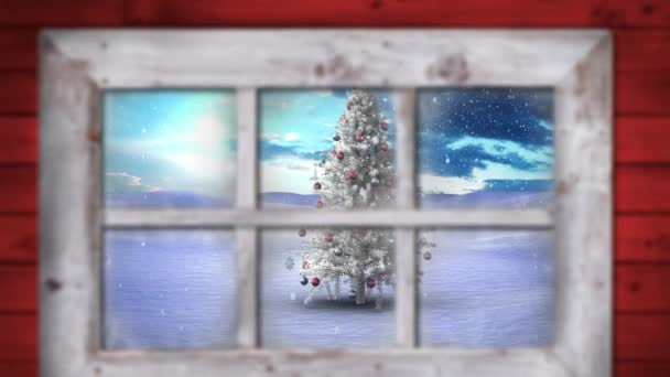 Animation Snow Falling Christmas Tree Winter Scenery Seen Window Christmas — Stock Video