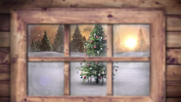 飘落在圣诞树上的雪的动画和透过窗户看到的冬季风景 圣诞节 传统和庆祝概念数字制作的视频 — 图库视频影像