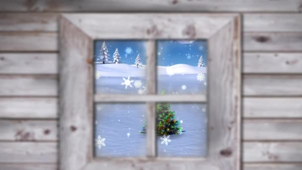 Κινούμενο Χιόνι Πέφτει Πάνω Από Χριστουγεννιάτικο Δέντρο Και Χειμερινό Τοπίο — Αρχείο Βίντεο