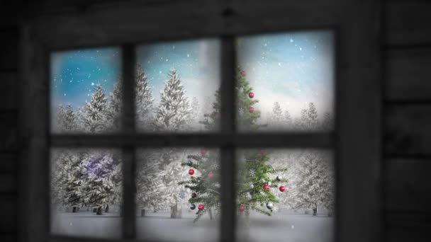 Animación Nieve Cayendo Sobre Árbol Navidad Paisaje Invernal Visto Través — Vídeos de Stock