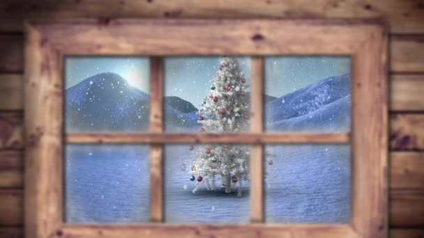 Animation Von Schnee Der Über Weihnachtsbaum Fällt Und Winterlandschaft Aus — Stockvideo