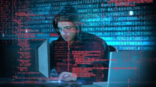 用笔记本电脑在高加索男性黑客身上进行数据处理动画 全球网络安全 网络犯罪 技术和数据处理概念 — 图库视频影像