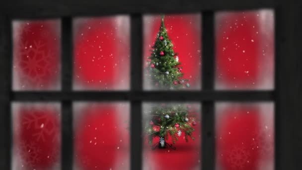 Animation Snow Falling Christmas Tree Winter Scenery Seen Window Christmas — Stock Video