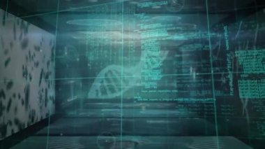 Yeşil arka planda bilimsel veri işleme üzerinde dönen DNA iplikçiklerinin canlandırması. küresel bilim, veri işleme ve dijital arayüz kavramı dijital olarak oluşturulmuş video.