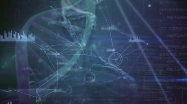 Mavi arka plandaki bağlantı ağlarının üzerinde dönen DNA iplikçiklerinin animasyonu. küresel bilim, veri işleme ve dijital arayüz kavramı dijital olarak oluşturulmuş video.