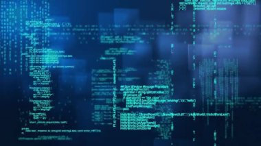 Mavi arkaplan üzerinde metin ve veri işleme animasyonu. küresel çevrimiçi hesaplama, teknoloji ve veri işleme kavramı dijital olarak oluşturulmuş video.