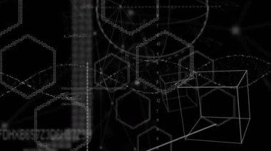 Bilimsel veri işleme üzerinde dönen DNA iplikçiklerinin animasyonu siyah arka planda. küresel bilim, veri işleme ve dijital arayüz kavramı dijital olarak oluşturulmuş video.