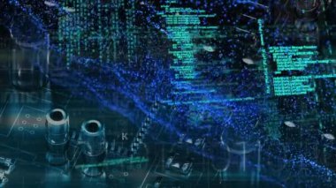 Bilgisayar devre kartından veri işleme animasyonu. küresel bağlantılar, ağlar ve veri işleme konsepti dijital olarak oluşturulmuş video.