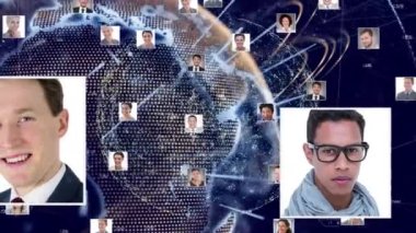 Bağlantılar ağı ve insanların fotoğraflarıyla birlikte dünyanın animasyonu. küresel bağlantılar, ağlar ve veri işleme konsepti dijital olarak oluşturulmuş video.