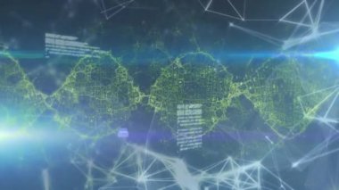 DNA ipliği ve veri işleme ile bağlantı ağının animasyonu. küresel bilim, bağlantılar, ağlar ve veri işleme kavramı dijital olarak oluşturulmuş video.
