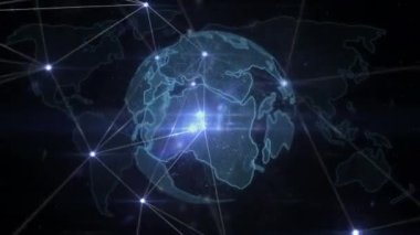 Dünya üzerindeki noktalarla olan bağlantı ağının animasyonu. küresel bağlantılar, ağlar ve veri işleme konsepti dijital olarak oluşturulmuş video.