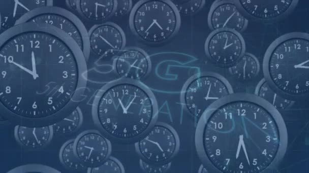 Animation Von Text Über Mehrere Tickende Uhren Globale Verbindungen Netzwerke — Stockvideo