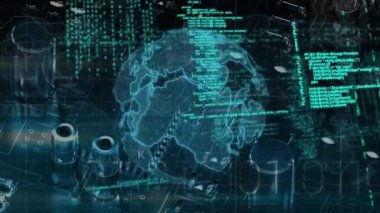 Bilgisayar devre kartının üzerindeki dijital simgelerle bağlantı ağının küresel animasyonu. küresel bağlantılar, ağlar ve veri işleme konsepti dijital olarak oluşturulmuş video.