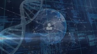 DNA iplikçiklerinin animasyonu, dünya üzerindeki insan simgeleriyle bağlantılar ağı. küresel bağlantılar, ağlar ve dijital arayüz konsepti dijital olarak oluşturulmuş video.