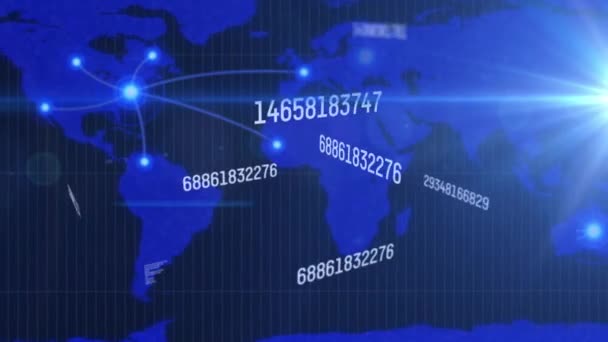 Animación Números Procesamiento Datos Través Del Mapa Mundial Conexiones Globales — Vídeo de stock