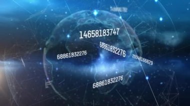 Tüm dünyada numaraların ve veri işlemenin animasyonu. küresel bağlantılar, ağlar ve veri işleme konsepti dijital olarak oluşturulmuş video.