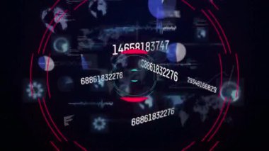 Dürbün taramasında değişen numaraların animasyonu ve veri işleme. küresel hesaplama, veri işleme ve dijital arayüz kavramı dijital olarak oluşturulmuş video.