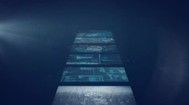 Donanma arka planında hareket eden ekranlarla ilgili çeşitli bilimsel verilerin animasyonu. Bilim, insan biyolojisi, teknoloji ve dijital arayüz konsepti dijital olarak oluşturulmuş video.