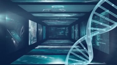 Ekranlarda veri işleme ile mavi arkaplan üzerinde dönen DNA animasyonu. Bilim, insan biyolojisi, teknoloji ve dijital arayüz konsepti dijital olarak oluşturulmuş video.
