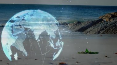 Gün batımında sahilde yürüyen beyaz bir kadının orta kesimindeki bağlantıların animasyonu. spor aktif yaşam tarzı, bağlantılar, teknoloji ve dijital arayüz konsepti dijital olarak oluşturulmuş video.