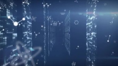 Donanma arka planındaki çeşitli veri işlemelerinin üzerindeki moleküllerin animasyonu. Bilim, insan biyolojisi, teknoloji ve dijital arayüz konsepti dijital olarak oluşturulmuş video.