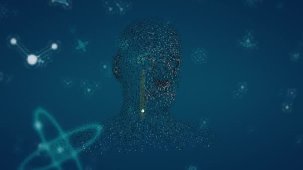分子在人头模型和海军背景上漂浮的动画 人类生物学 技术和数字视频接口概念 — 图库视频影像