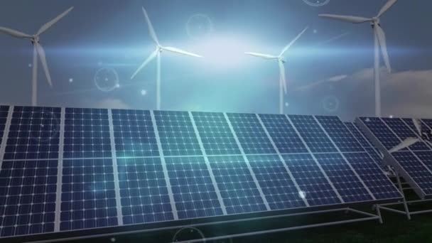 太陽光パネルと風力タービンの接続のアニメーション 世界のエネルギー 再生可能資源 技術の概念をデジタルで生成したビデオ — ストック動画