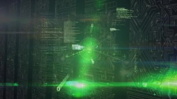サーバー上のデータ処理と緑のライトのアニメーション 世界中のネットワーク データ処理 テクノロジー デジタルインターフェースの概念がデジタルで生成されたビデオ — ストック動画
