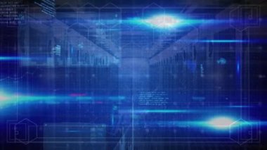 Sunucuların üzerindeki veri işleme ve mavi ışıkların animasyonu. küresel ağ, bağlantılar, veri işleme, teknoloji ve dijital arayüz kavramı dijital olarak oluşturulmuş video.