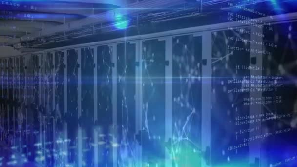 Анимирование Обработки Данных Синий Свет Над Серверами Глобальная Сеть Соединения — стоковое видео