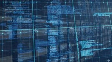 Sunucuların üzerinde mavi renkte veri işleme animasyonu. küresel ağ, bağlantılar, veri işleme, teknoloji ve dijital arayüz kavramı dijital olarak oluşturulmuş video.