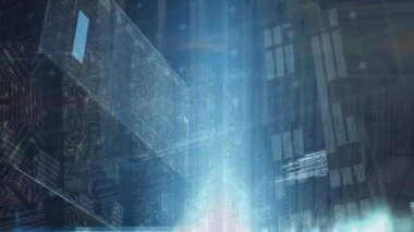 Sunucuların üzerindeki ekranlarda veri işleme ve grafiklerin animasyonu. küresel ağ, bağlantılar, veri işleme, teknoloji ve dijital arayüz kavramı dijital olarak oluşturulmuş video.