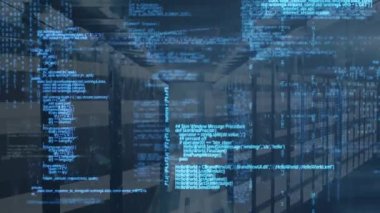 Sunucuların üzerinde mavi renkte veri işleme animasyonu. küresel ağ, bağlantılar, veri işleme, teknoloji ve dijital arayüz kavramı dijital olarak oluşturulmuş video.