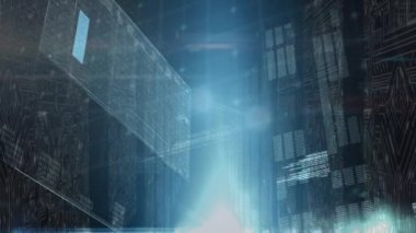 Sunucuların üzerindeki veri işleme ve mavi ışıkların animasyonu. küresel ağ, bağlantılar, veri işleme, teknoloji ve dijital arayüz kavramı dijital olarak oluşturulmuş video.