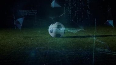 Stadyumdaki beyaz erkek futbolcunun bacaklarının üzerinde veri işleme ve küre animasyonu. global spor, ağ bağlantıları ve dijital olarak üretilen video konsepti.