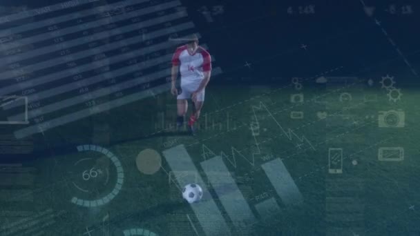 Animering Olika Databehandling Över Kaukasiska Manliga Fotbollsspelare Stadion Globala Sport — Stockvideo
