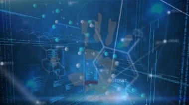 El biyonik güvenlik sisteminin animasyonu, DNA ve formüller mavi uzayda veri işleme üzerinde. küresel internet güvenliği, veri işleme, bağlantılar ve dijital arayüz kavramı dijital olarak oluşturuluyor