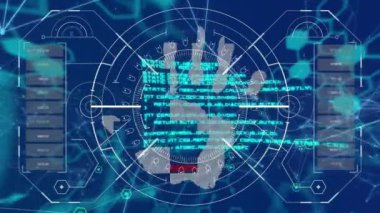 Mavi ve yeşil alanda veri işleme üzerinde el biyonik güvenlik sisteminin animasyonu. küresel internet güvenliği, veri işleme, bağlantılar ve dijital arayüz konsepti dijital olarak oluşturulmuş video.