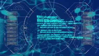 Farklı verilerle mavi ekranda parmak izi biyonik güvenlik sisteminin animasyonu. küresel internet güvenliği, veri işleme, bağlantılar ve dijital arayüz konsepti dijital olarak oluşturulmuş video.