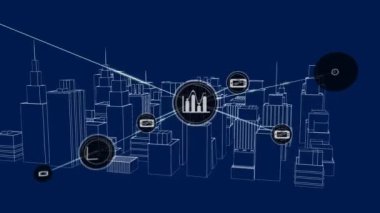 3 boyutlu mimari modelin üzerindeki simgelerle bağlantı ağının animasyonu. küresel ağlar, geliştirme ve dijital arayüz kavramı dijital olarak oluşturulmuş video.