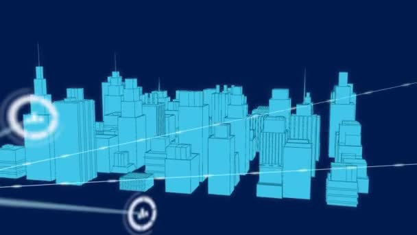 Анімація Мережі Язків Піктограмами Над Архітектурною Моделлю Глобальні Мережі Розробка — стокове відео