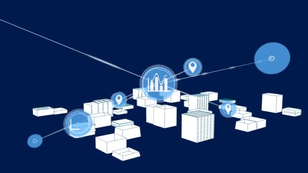 Animation Von Verbindungsnetzwerken Mit Icons Über Architektur Stadtmodell Globale Netzwerke — Stockvideo