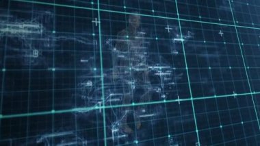 Üzerinde yürüyen insan modeli animasyonu işaretlenmiş koyu mavi alan. İnsan biyolojisi, bilim, teknoloji ve veri işleme konsepti dijital olarak oluşturulmuş video.