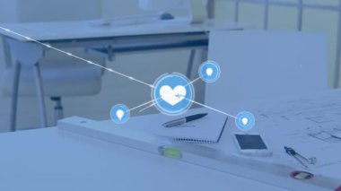 Mimarlar çizimleri yerine simgelerle bağlantı ağının animasyonu. küresel ağlar, geliştirme ve dijital arayüz kavramı dijital olarak oluşturulmuş video.