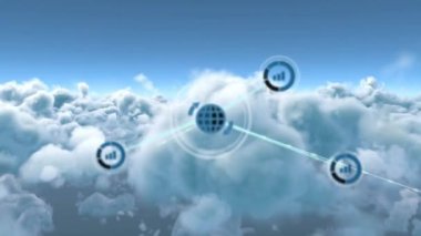 Gökyüzü üzerindeki bulutlarla bağlantı ağının animasyonu. küresel ağlar, bağlantılar ve dijital arayüz konsepti dijital olarak oluşturulmuş video.