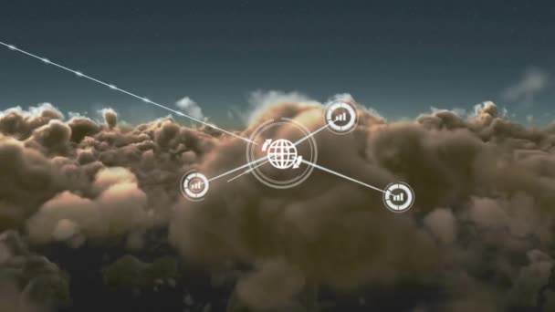 Animation Des Netzwerks Von Verbindungen Mit Symbolen Über Dem Himmel — Stockvideo