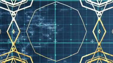 Kontrol edilen mavi boşlukta geometrik şekillerin değiştirilmesi. Bilim, teknoloji ve veri işleme kavramı dijital olarak oluşturulmuş video.