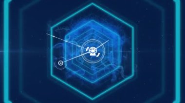 Neon altıgenlerin üzerindeki simgelerle bağlantı ağının animasyonu. küresel bağlantılar, veri işleme ve dijital arayüz konsepti dijital olarak oluşturulmuş video.