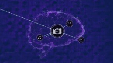İnsan beyni üzerindeki simgelerle bağlantı ağının animasyonu. küresel bağlantılar, veri işleme ve dijital arayüz konsepti dijital olarak oluşturulmuş video.